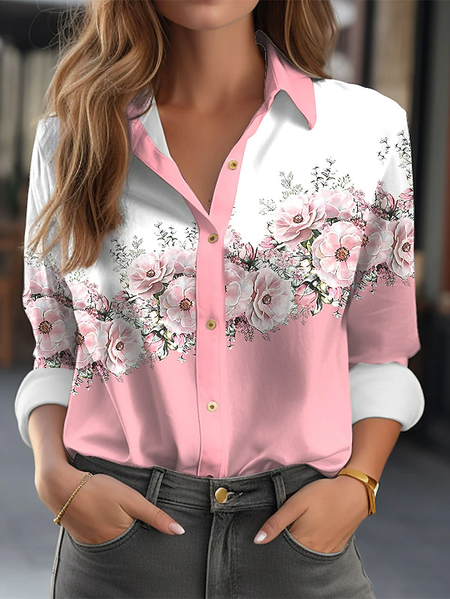 

Floral Shirt Collar Loose Casual Blouse, Pink, Shirts & Blouses