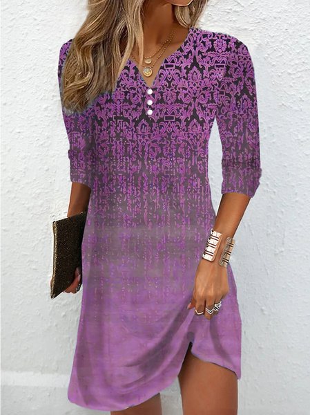 

Loose Ethnic Casual V Neck Dress, Purple, Dresses