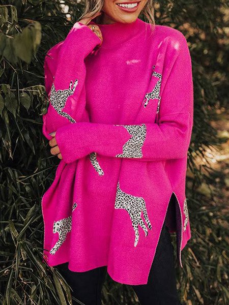 Animal Loose Turtleneck Casual Long Sleeve Sweater, Rose red, Pullovers