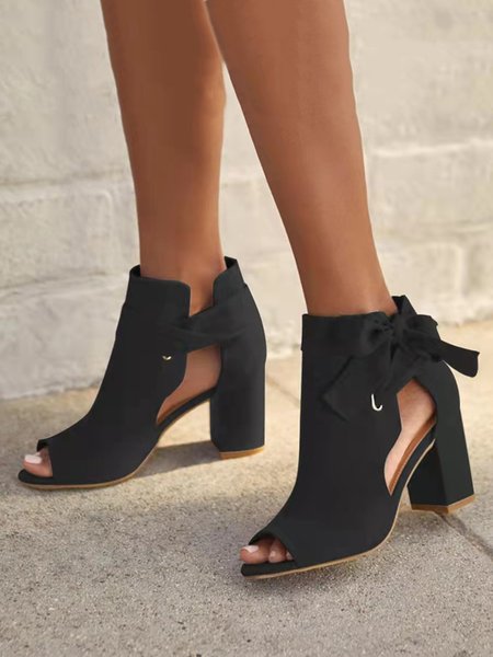 

Bowknot Side Cutout Fashion Chunky Heel Sandals Boots, Black, Heels