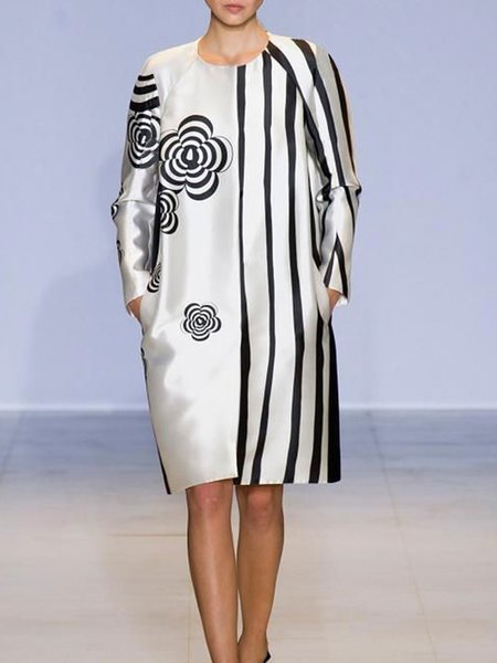 

Long Sleeve Crew Neck Satin Urban Striped Dress, Off white, Mini Dresses