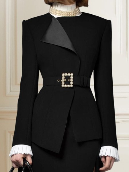 

Elegant Shawl Collar Plain Regular Fit Blazer With Belt, Black, Blazers