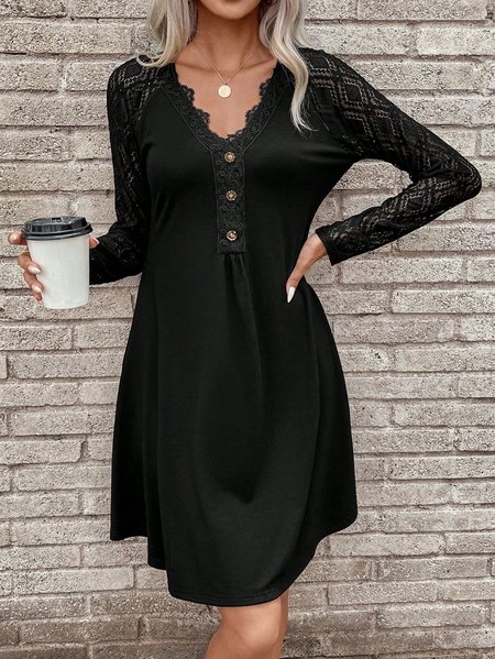 

V Neck Casual Plain Lace Edge Dress, Black, Dresses
