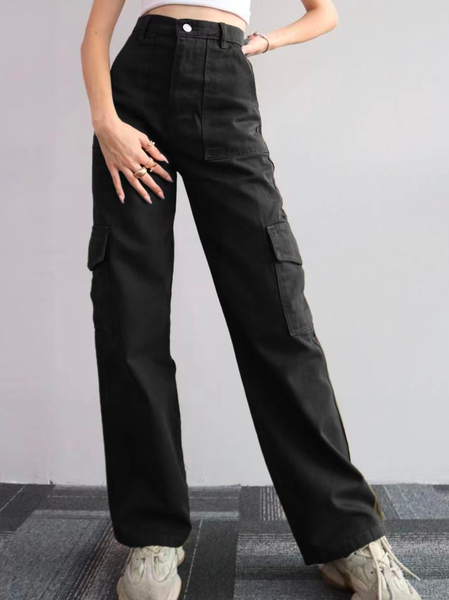 

Casual Loose Plain Cargo Pants, Black, Pants