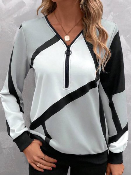 

Casual V Neck Zipper Color Block Sweatshirt, Black, Sweatshirts & Hoodies