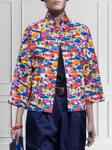 

Three Quarter Sleeve Abstract Graphic Stand Collar Urban Jacket, Orange, Jackets