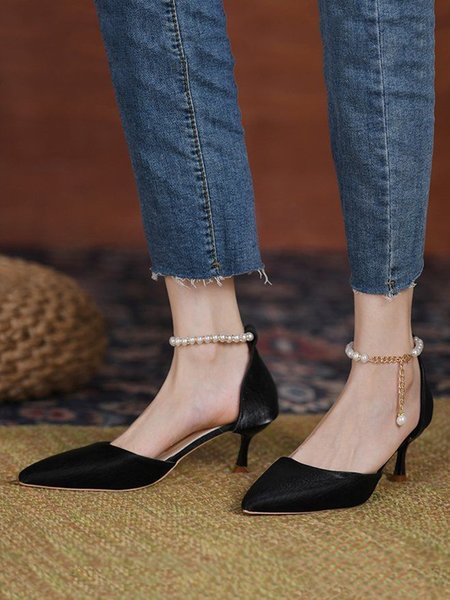

Elegant Imitation Pearls Ankle Strap Hollow Pumps, Black, Heels