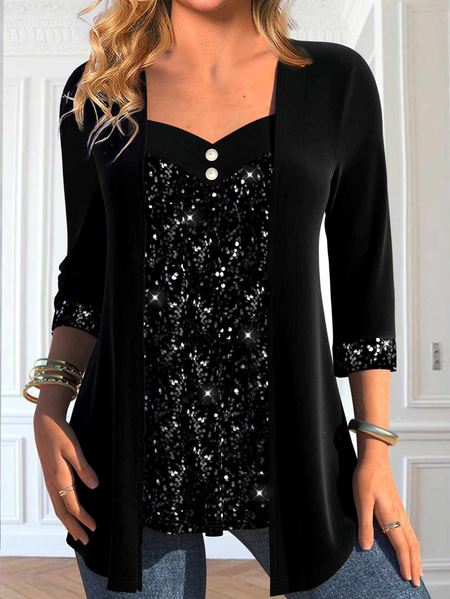 

Loose Casual Plain Glitter Shirt, Black, Shirts & Blouses