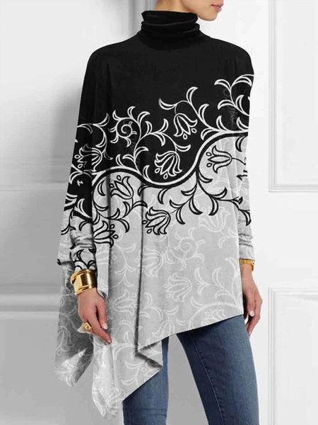 

Floral Casual Turtleneck Loose Long Sleeve Shirt, As picture, Blouses and Shirts