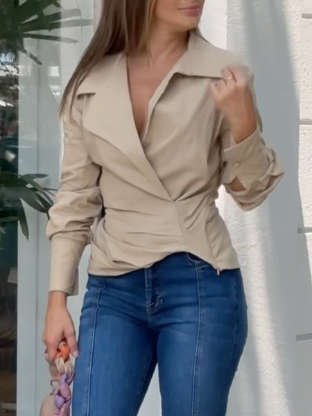 

Regular Fit Urban Shawl Collar Plain Blouse, Khaki, Blouses and Shirts