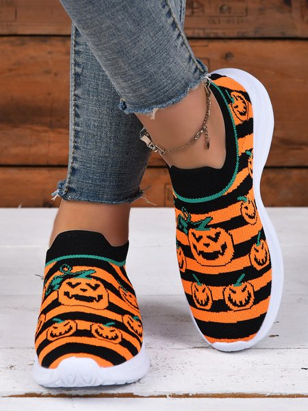 

Halloween PumpkinStripes Slip On FlyKnit Sneakers, As picture, Sneakers