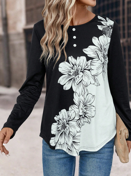 

Crew Neck Floral Casual Loose T-Shirt, Black, T-Shirts