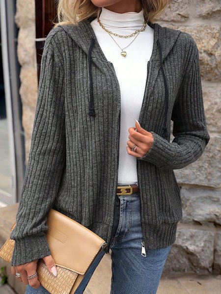 

Plain Hoodie Knitted Casual Jacket, Gray, Jackets