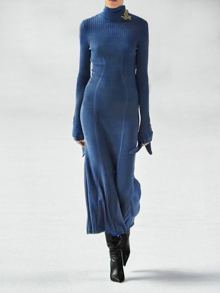 

Half Turtleneck Urban Sweater Dress, Blue, Maxi Dresses