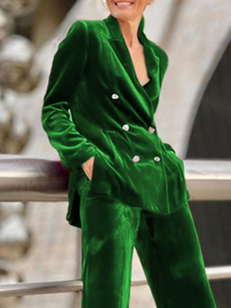 Regular Fit Velvet Plain Urban Long Sleeve Blazer, Green, Blazers