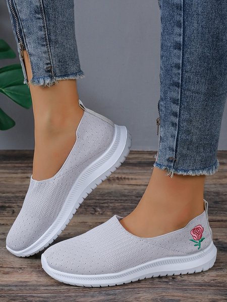 

Rose Embroidery Gray Breathable Slip On Flyknit Sneakers, Sneakers