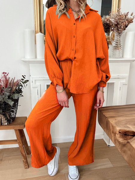 

Casual Loose Shirt Collar Plain Two-Piece Set, Orange, Suit Set