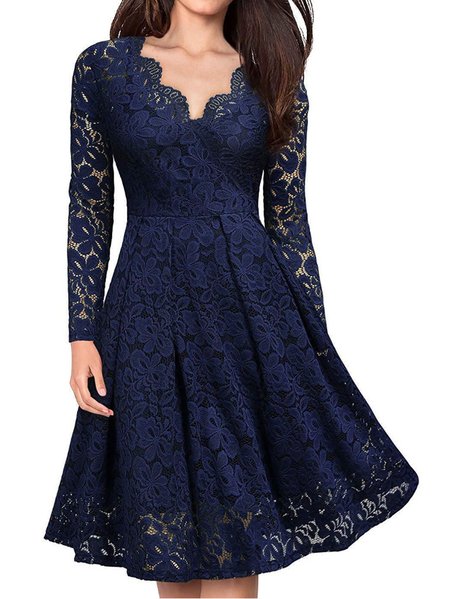 

Women Plain V Neck Long Sleeve Comfy Casual Lace Midi Dress, Dark_blue, Dresses