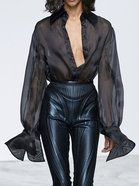 

Loose Shirt Collar Long Sleeve Urban Blouse, Black, Blouses and Shirts