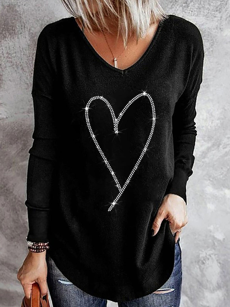 

V Neck Casual Cotton-Blend T-Shirt, Black, Long sleeves