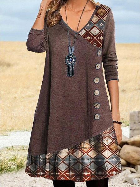 

V Neck Knitted Ethnic Casual Dress With No, Brown, Dresses