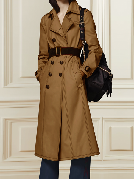 

Loose Lapel Collar Long Sleeve Urban Trench Mid-long Coat, Brown, Coats