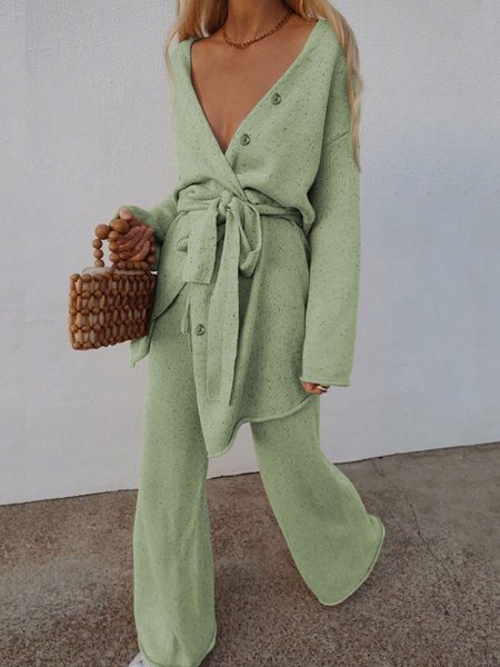 

V Neck Casual Loose Plain Two-Piece Set, Green, Suit Set
