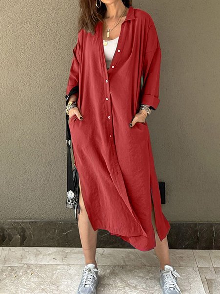 

Shirt Collar Casual Dress With No, Brick red, Dresses