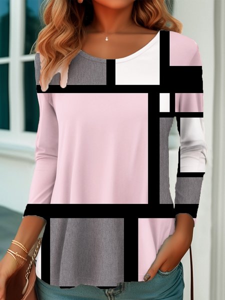 

Color Block Casual Loose T-Shirt, Pink, T-Shirts