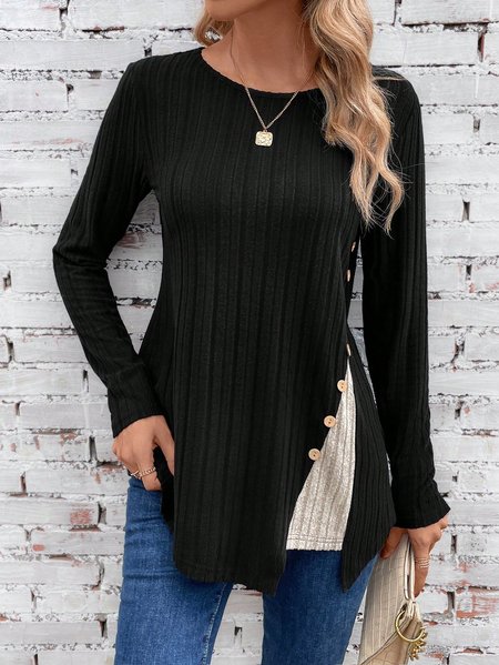 

Casual Buckle Contrast Stitching Knitted Shirt, Black, Shirts & Blouses