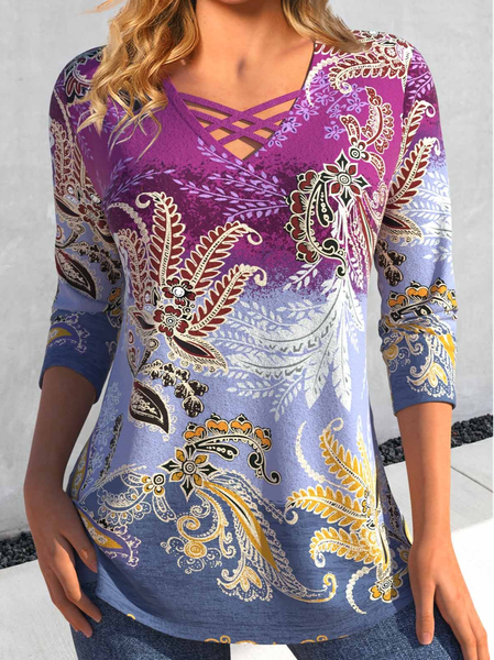 

Ethnic Loose V Neck Casual T-Shirt, Purple, T-Shirts