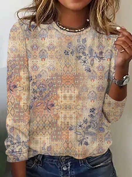 

Plus size Ethnic Casual Crew Neck T-Shirt, Khaki, Long sleeves