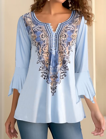 

Casual Loose Crew Neck Ethnic Shirt, Light blue, Shirts & Blouses