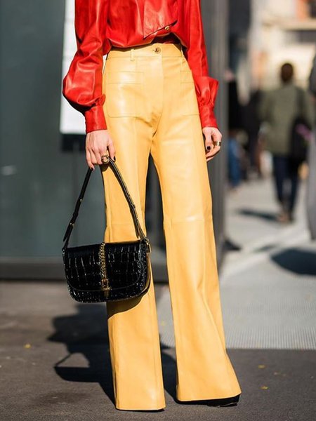 

Urban Plain High Waist PU Straight Pants, Yellow, Pants