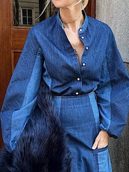 

Urban Stand Collar Plain Blouse faux denim, Blue, Blouses and Shirts