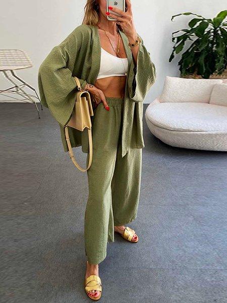 

Plain Casual Loose Linen Two-Piece Set, Green, Suit Set