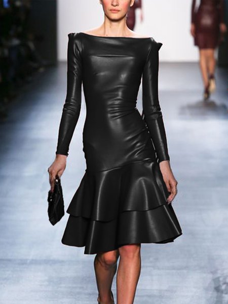 

Plain Regular Fit Elegant Faux Leather Mini Dress With No Belt, Black, Midi Dresses