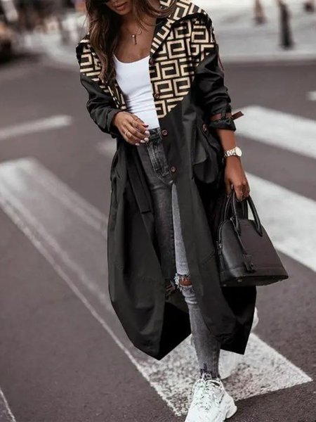 

Casual Hoodie Geometric Trench Coat, Black, Coats