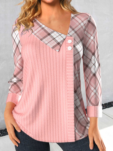 

Casual Notched Color Block Loose T-Shirt, Pink, Long sleeves