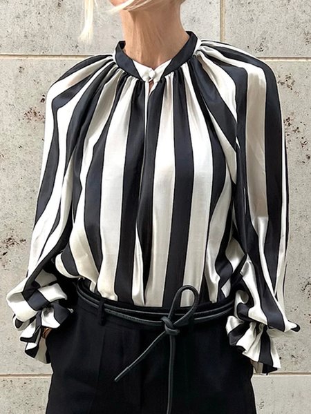 

Urban Striped Regular Fit Stand Collar Shirt, Black-white, Blouses and Shirts