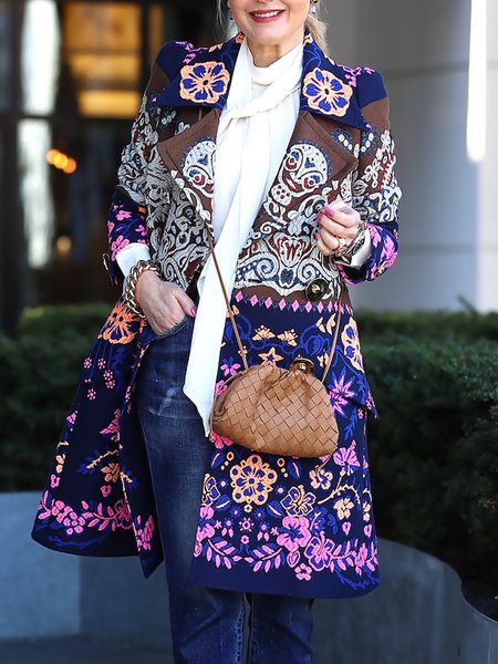

Floral Urban Loose Lapel Collar Coat, As picture, Coats