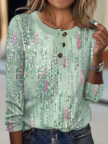 

Casual Floral Buckle Loose T-Shirt, Green, Long sleeves