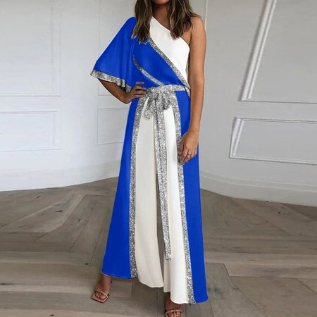 

Three Quarter Sleeve Loose Long Party Party Plain Natural For Women, Blue, Jumpsuits&Rompers