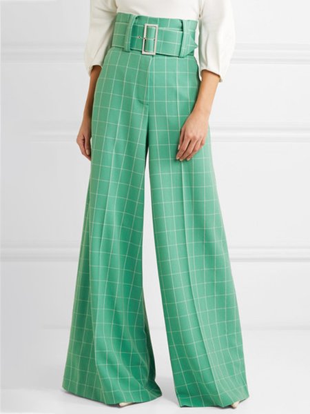

Loose Plaid Urban Fashion Pants With Belt, Green, Pants