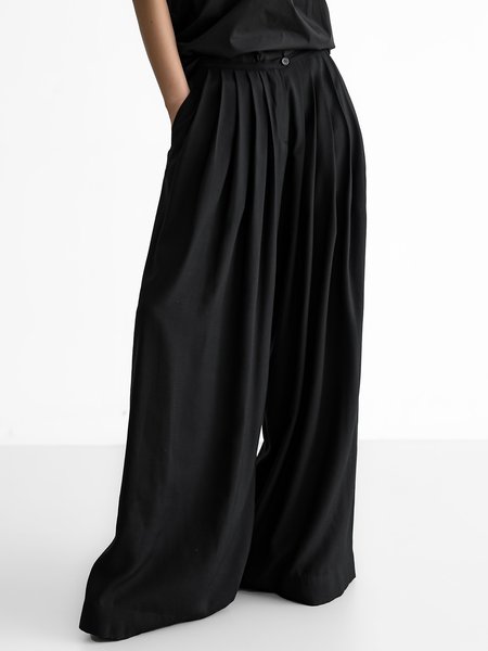 

Simple Pleated Plain Urban Fashion Wide Leg Pants, Black, Pants