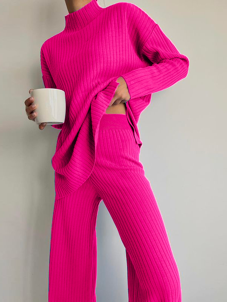 

Casual Turtleneck Yarn/Wool Yarn Two-Piece Set, Pink, Suit Set