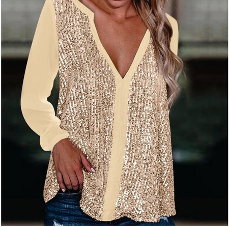 

V Neck Loose Party Plain Shirt, Yellow, Long Sleeves