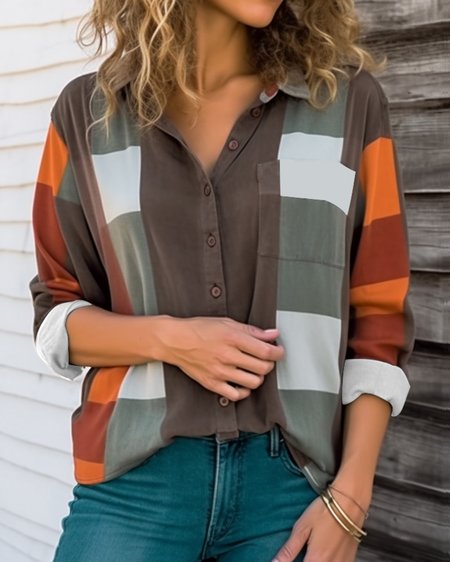 

Color Block Loose Casual Shirt Collar Blouse, Brown, Shirts & Blouses