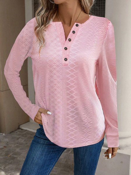 

Women Plain V Neck Casual Three Quarter Sleeve T-shirt, Pink, Long Sleeves