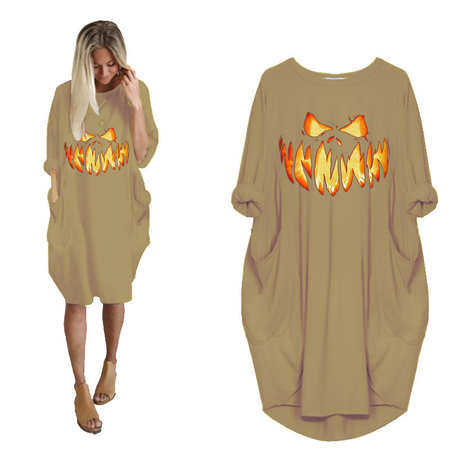 

Crew Neck Loose Halloween Casual Dress, Deep khaki, Dresses